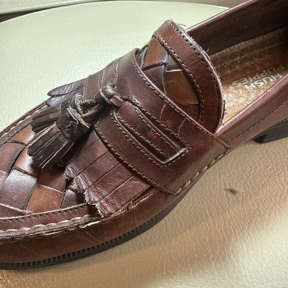 Vintage 90s Brown Hush‎ Puppies Lancer Woven Leather Tassel Loafers 11